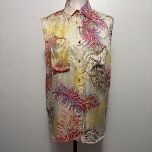 Cabi 100% Silk Feather Print Sleeveless Button Down Top M Cream Multi Excellent